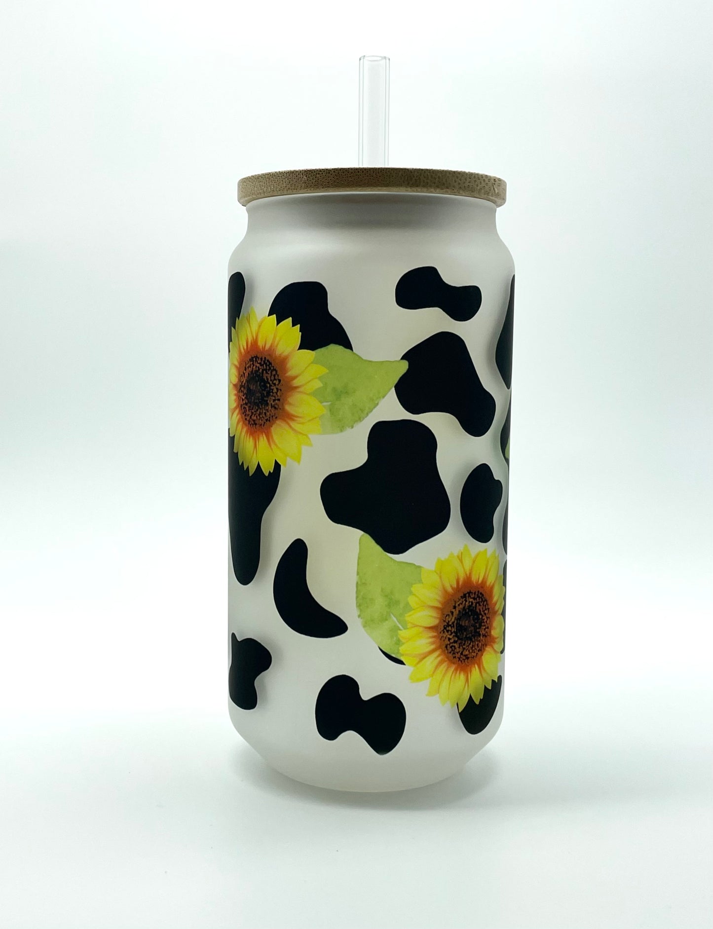 Cow Print Sunflower Glass Can