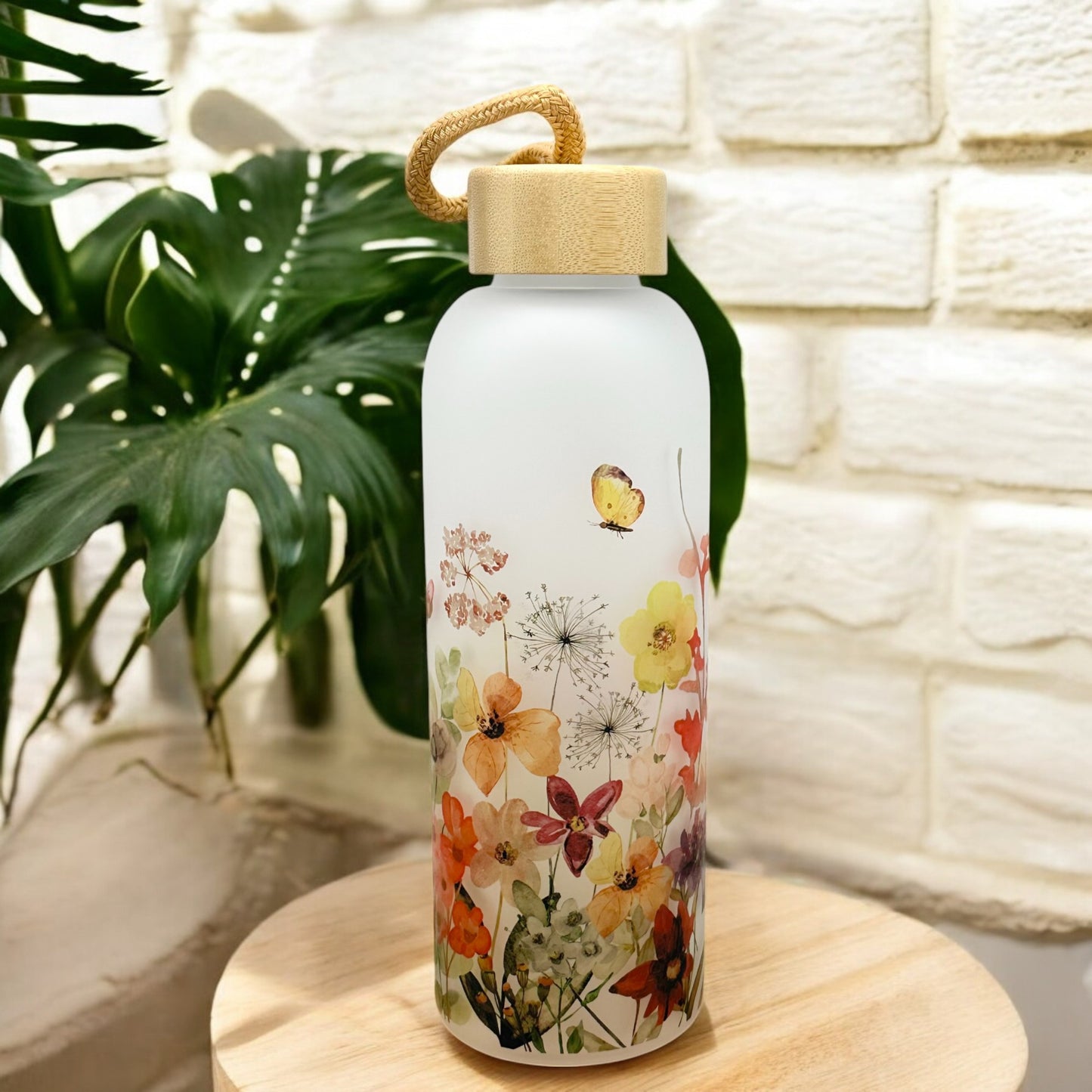 Wildflower Frosted Glass Water Bottle