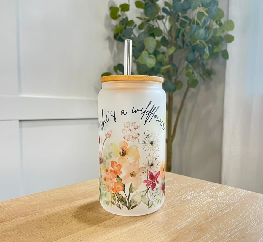 Wildflower Frosted Glass Cup with Bamboo Lid and Straw