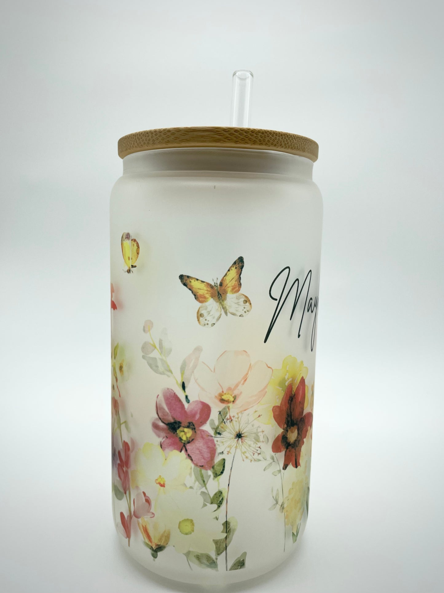 Wildflower Frosted Glass Cup with Bamboo Lid and Straw