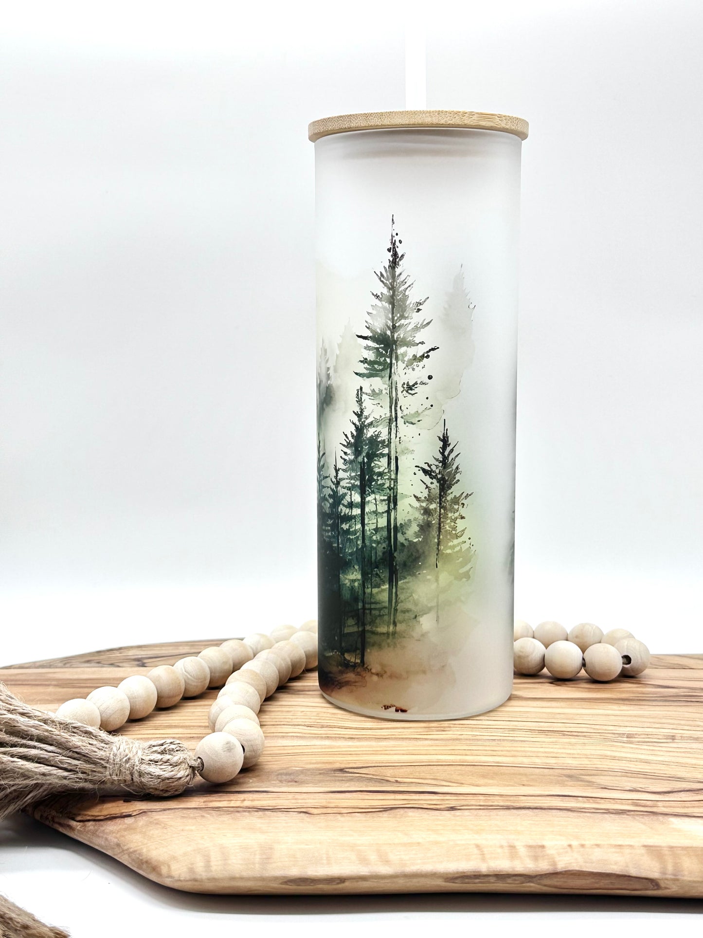 20oz Glass Tumbler with Watercolor Forest Print