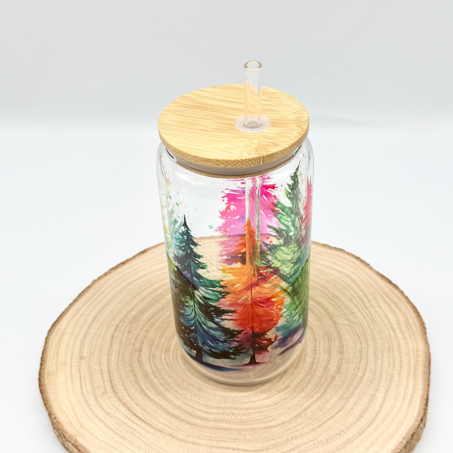 Colorful Christmas Tree Glass Tumbler - 16oz Iced Coffee Cup