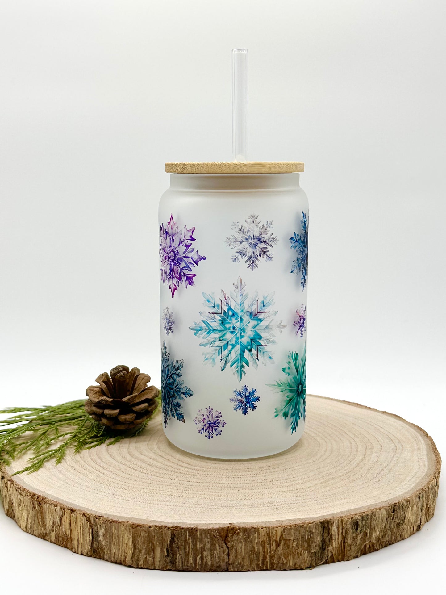 Snowflake Frosted Glass Cup with Bamboo Lid and Glass Straw