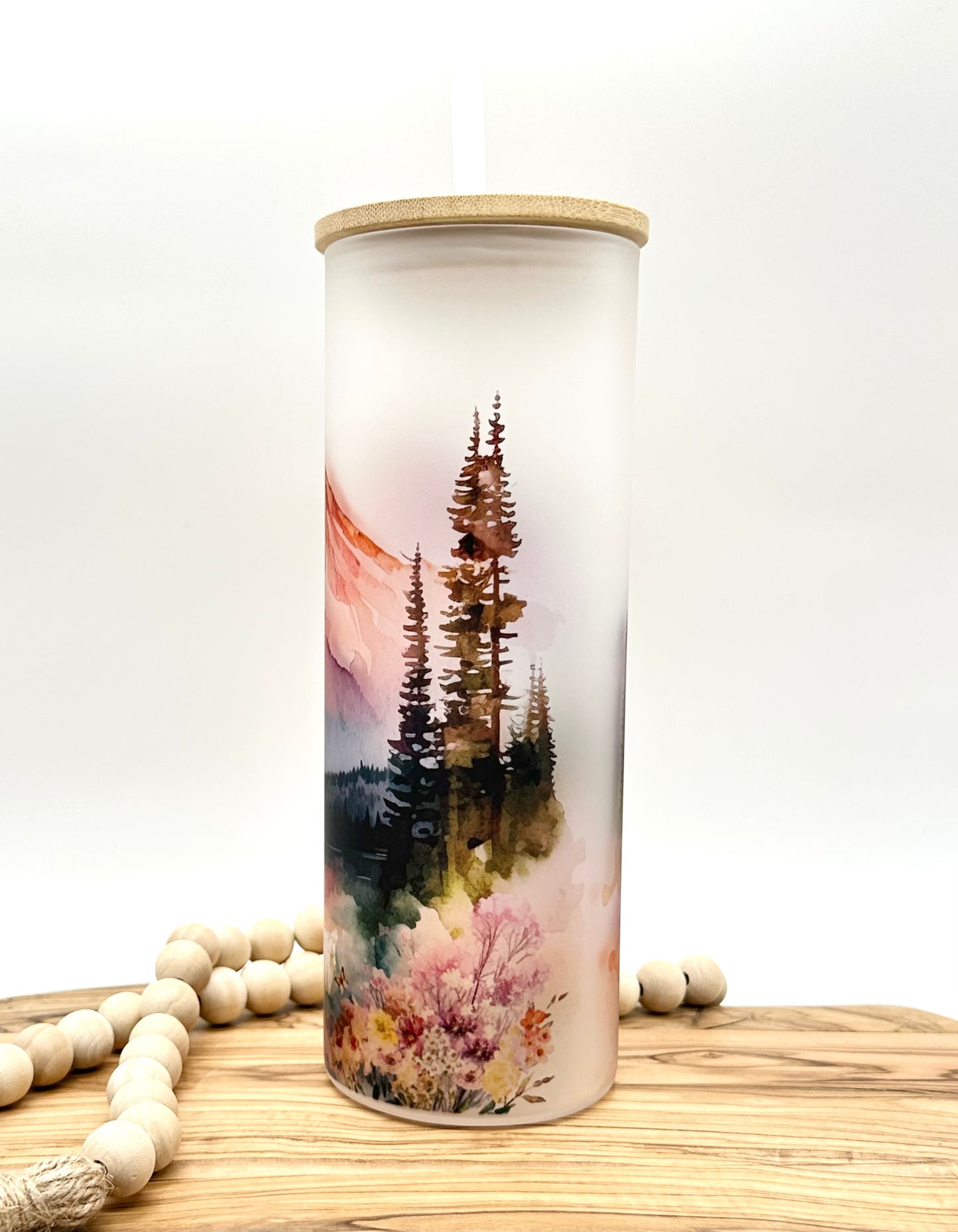 20oz Glass Tumbler with Watercolor Mountain Print