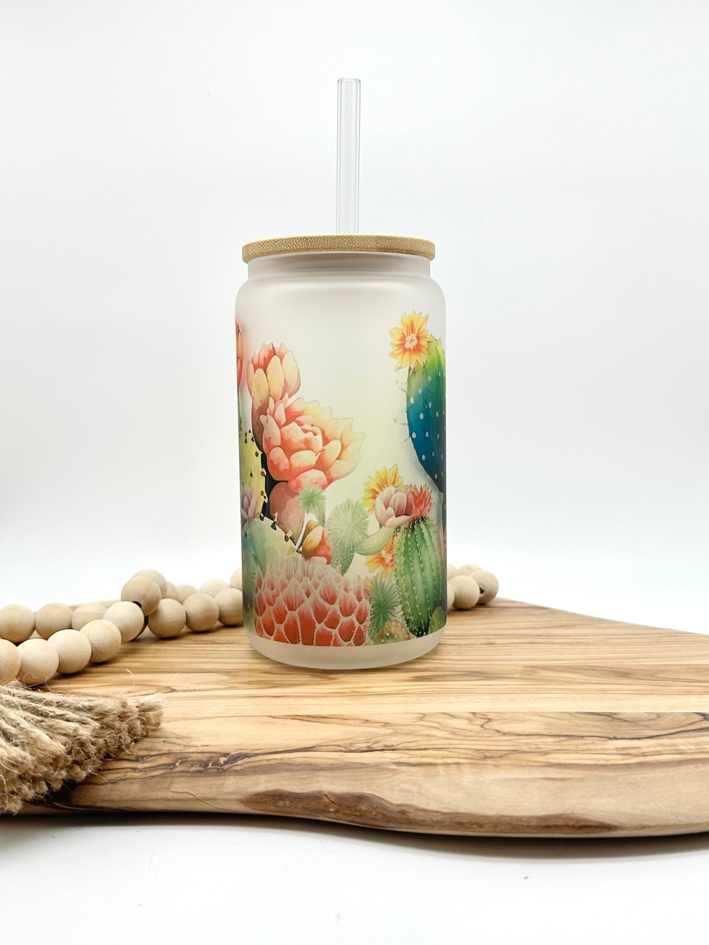 Cactus 18oz Frosted Glass Can with Bamboo Lid and Glass Straw