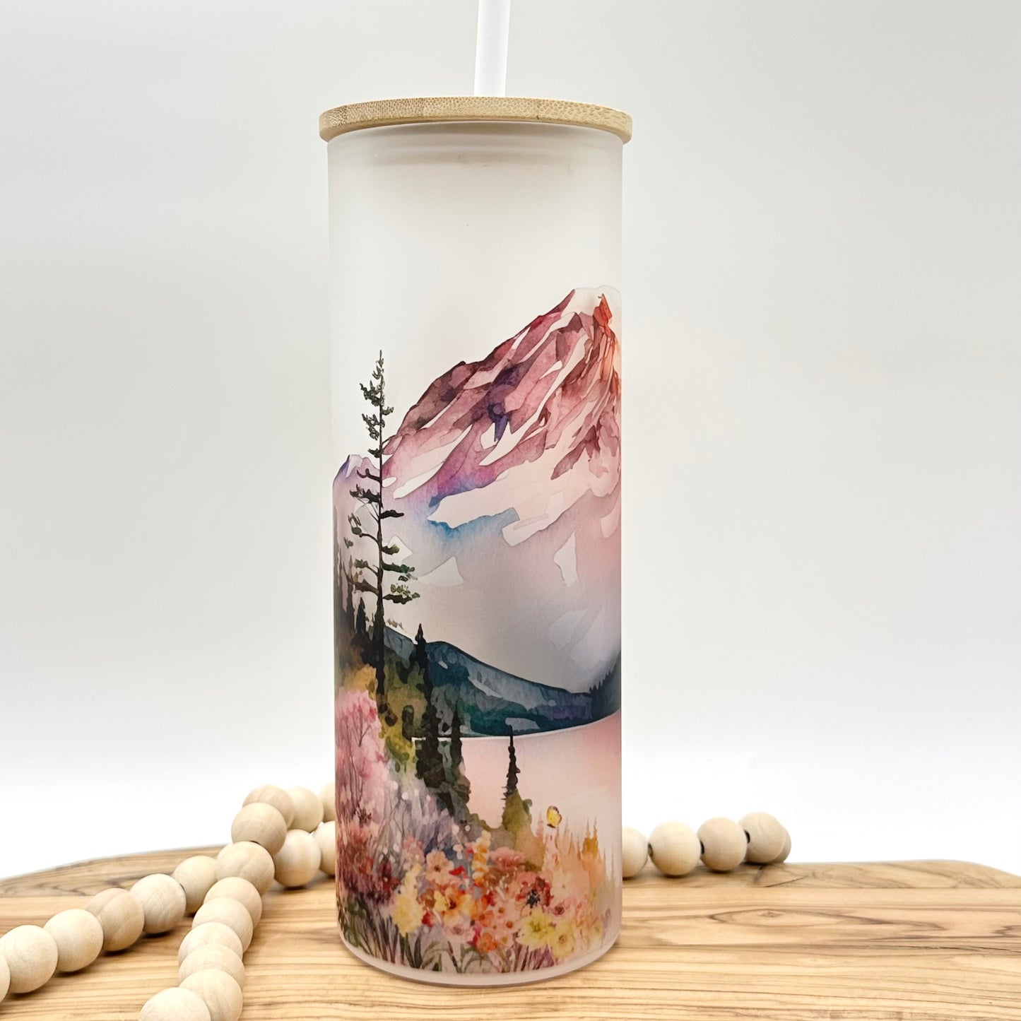 20oz Glass Tumbler with Watercolor Mountain Print