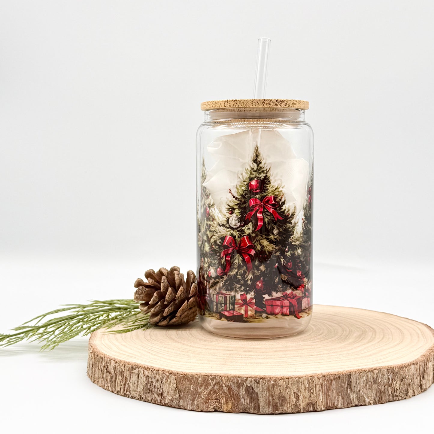 Christmas Tree Glass Tumbler - 16oz Iced Coffee Cup
