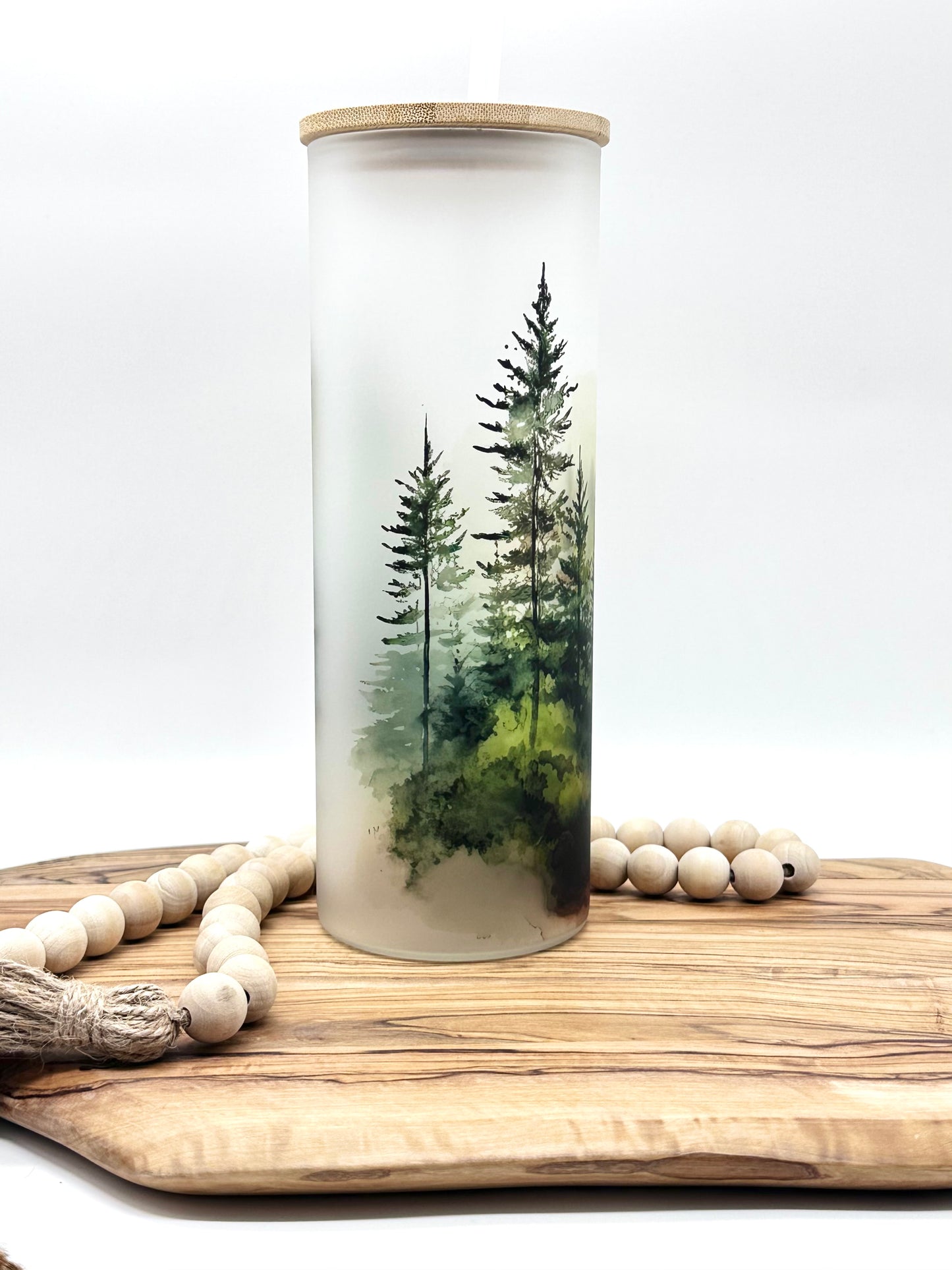 20oz Glass Tumbler with Watercolor Forest Print