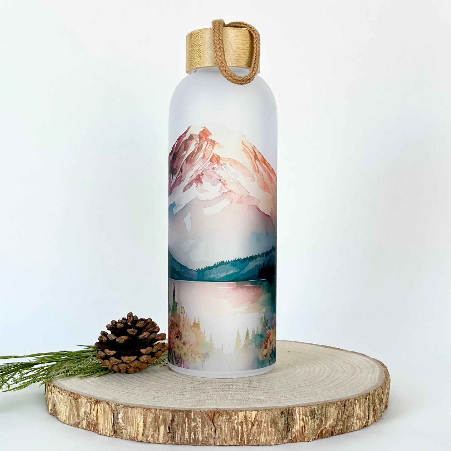 Mountain Landscape Glass Water Bottle