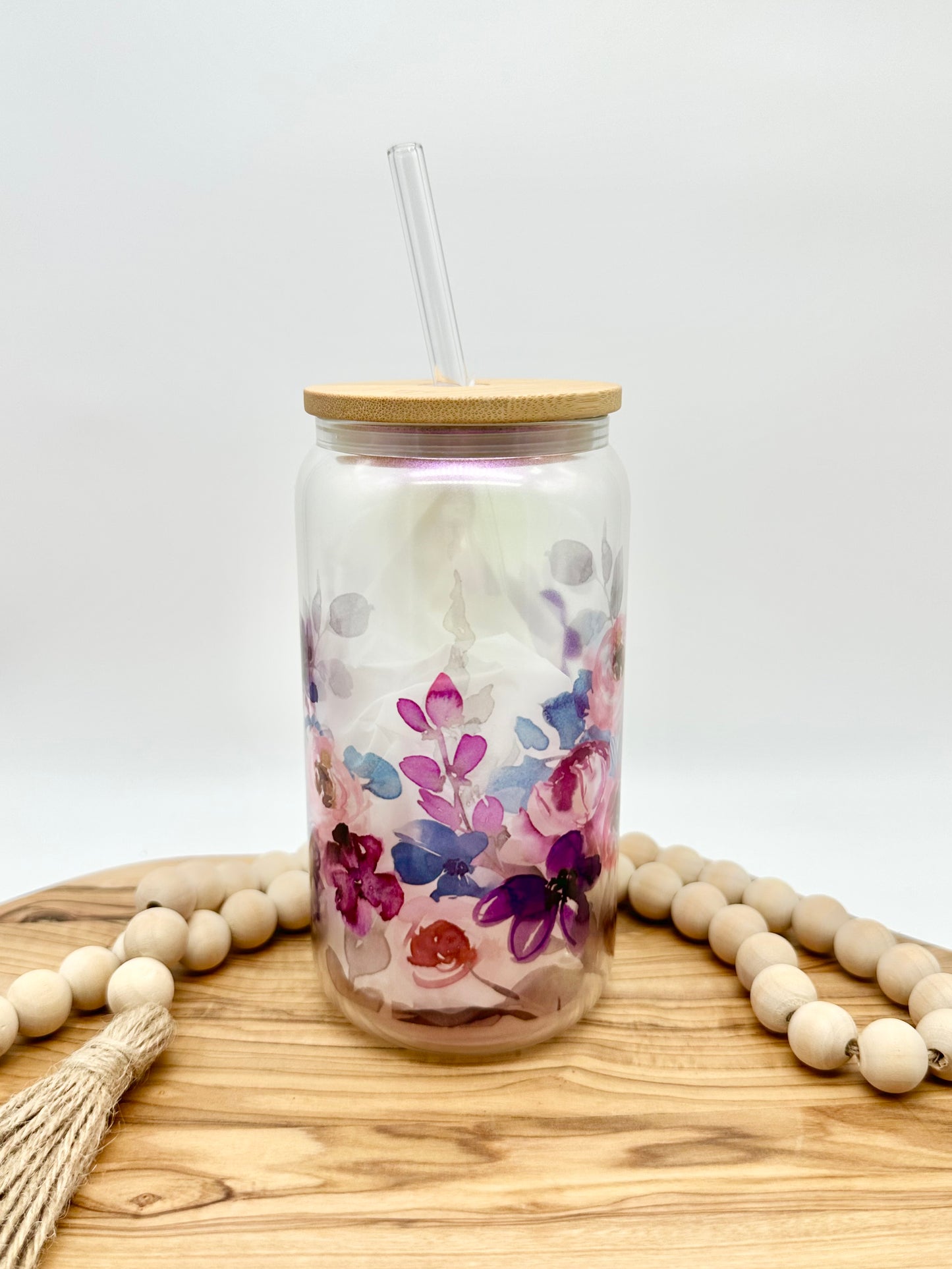 Purple Floral Shimmer Glass Tumbler