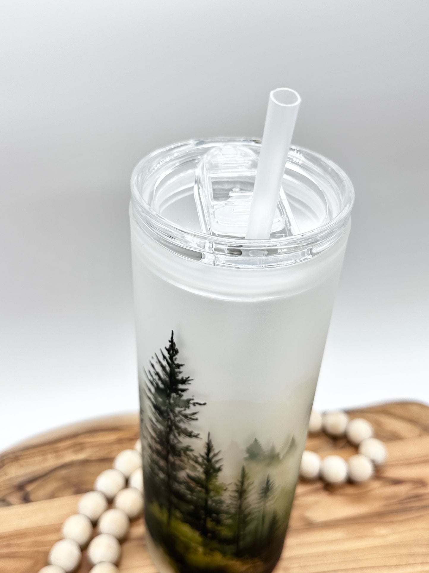 20oz Glass Tumbler with Watercolor Forest Print