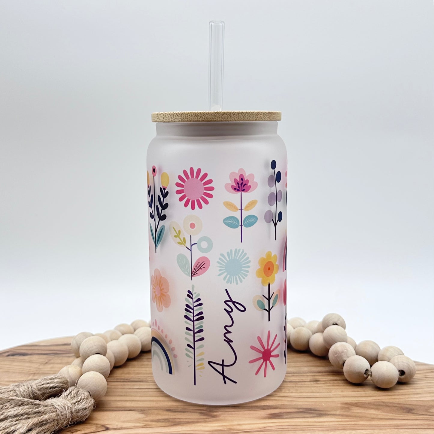16oz Personalized Boho Floral Glass Tumbler
