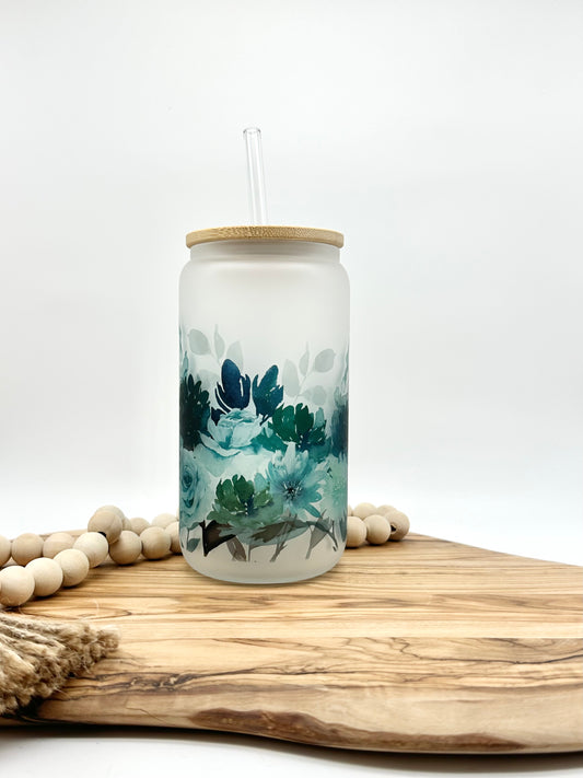 Slightly Imperfect Teal Floral Glass Cup