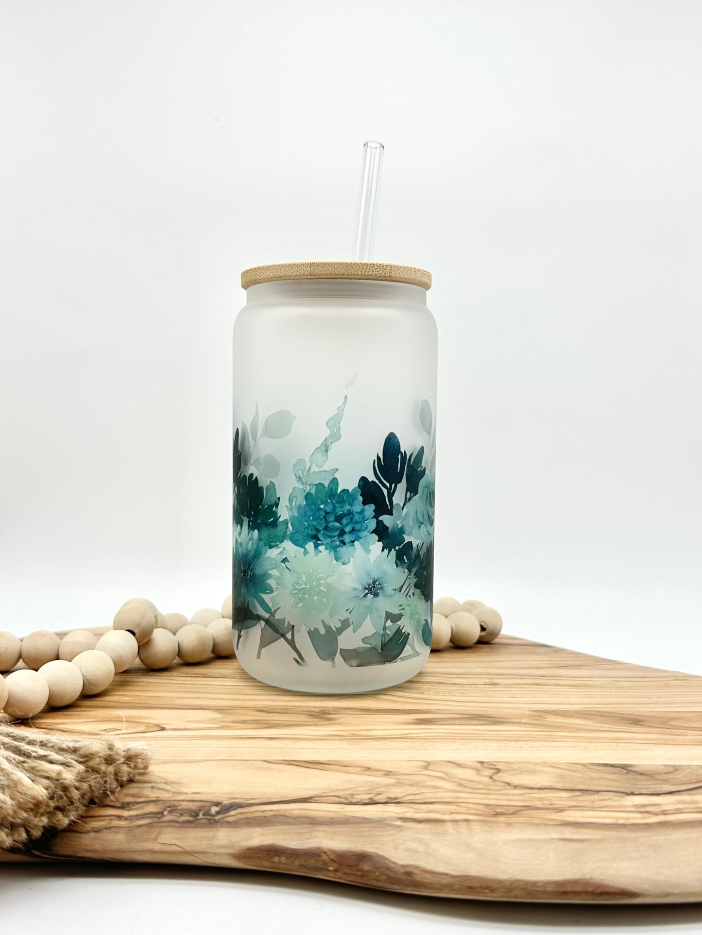 Slightly Imperfect Teal Floral Glass Cup