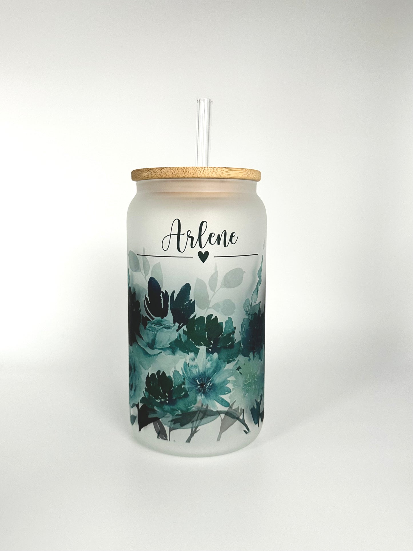 Teal Floral Glass Cup