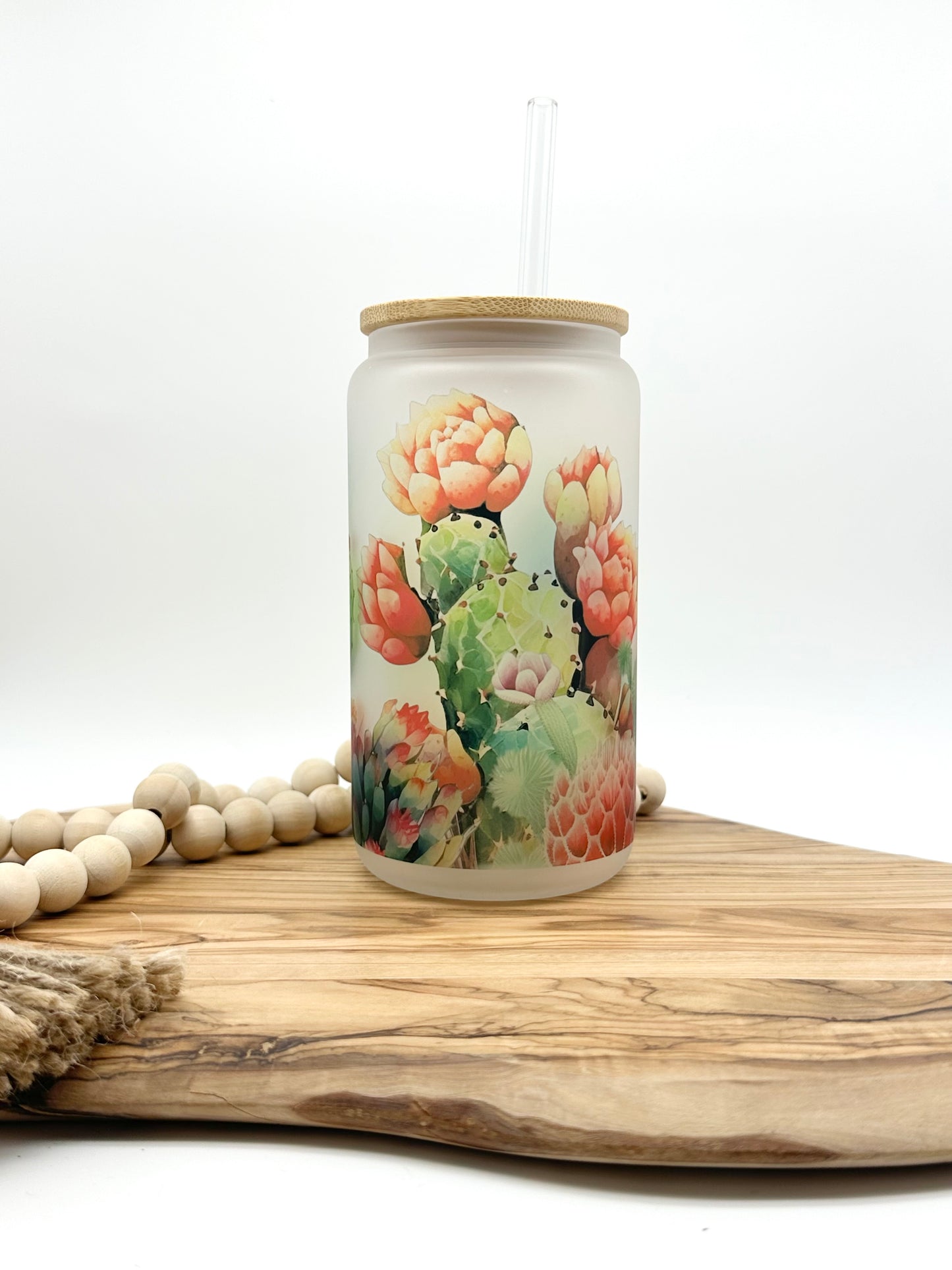 Cactus 18oz Frosted Glass Can with Bamboo Lid and Glass Straw