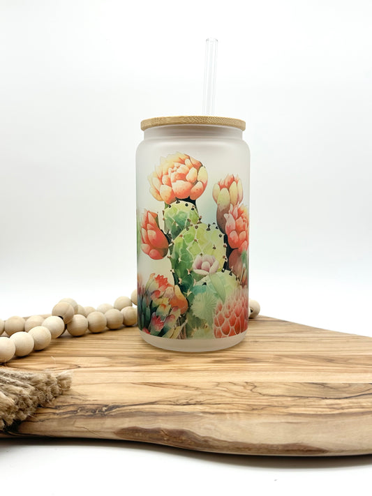 Cactus 18oz Frosted Glass Can with Bamboo Lid and Glass Straw