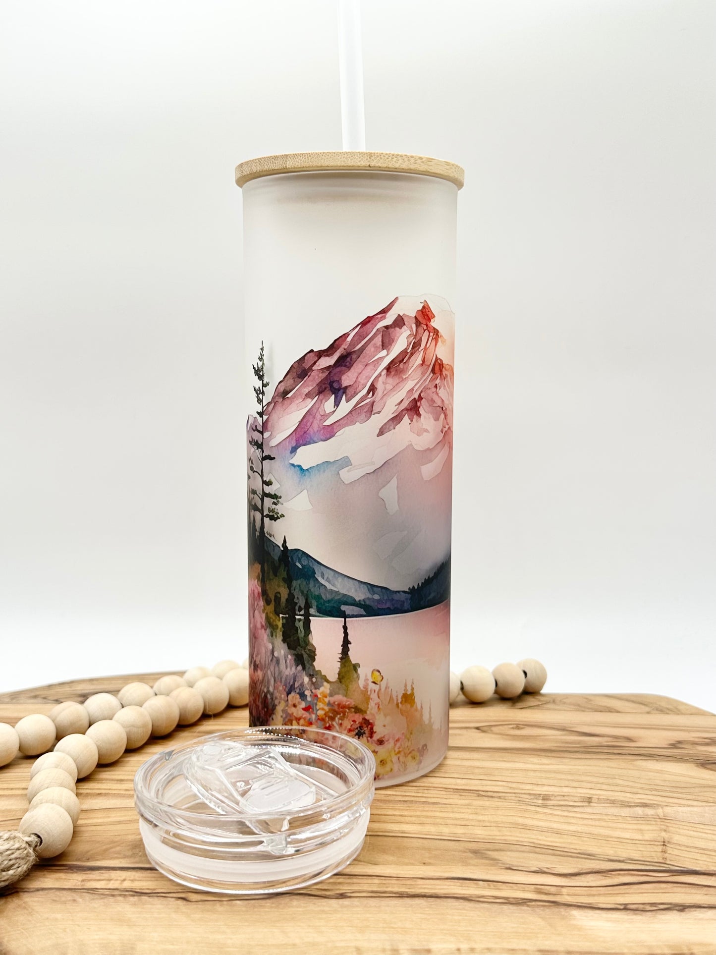 20oz Glass Tumbler with Watercolor Mountain Print