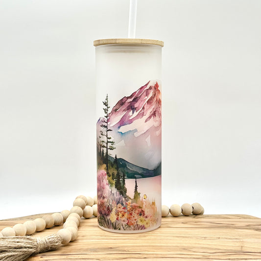 20oz Glass Tumbler with Watercolor Mountain Print