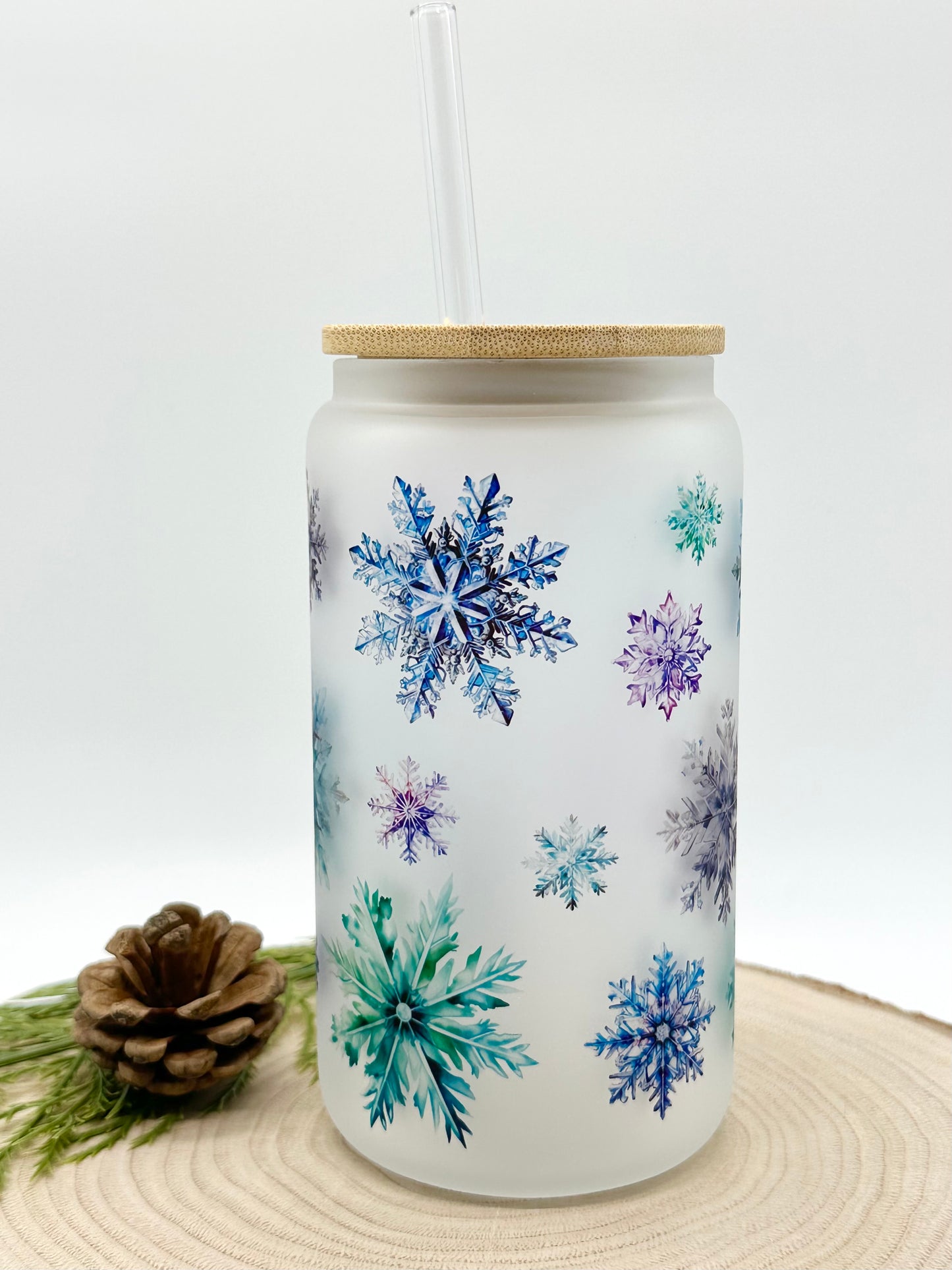 Snowflake Frosted Glass Cup with Bamboo Lid and Glass Straw