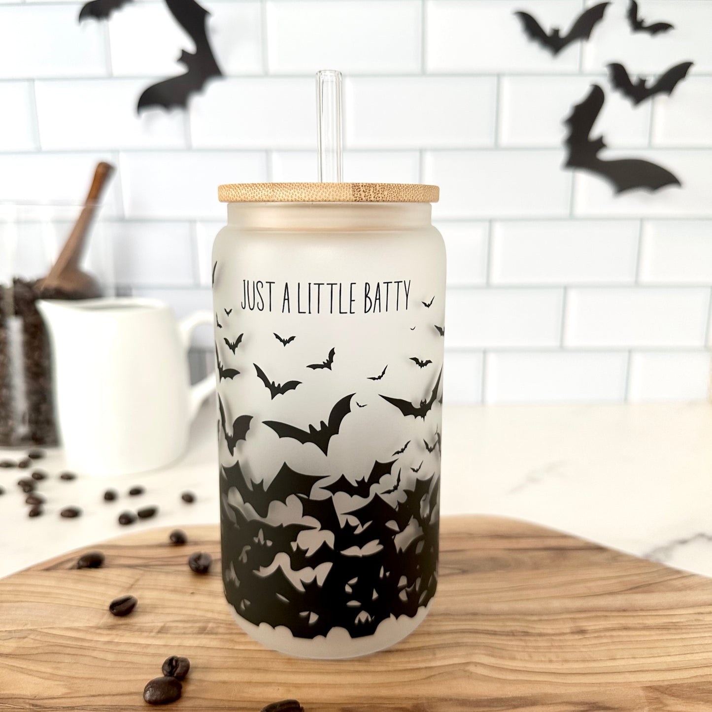 Just a Little Batty Frosted Glass Tumbler with Bamboo Lid and Glass Straw