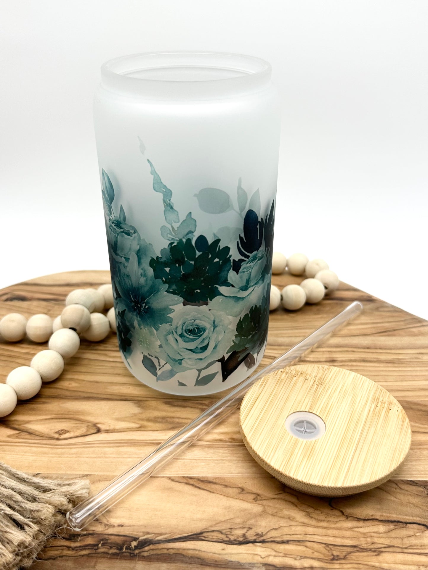 Slightly Imperfect Teal Floral Glass Cup