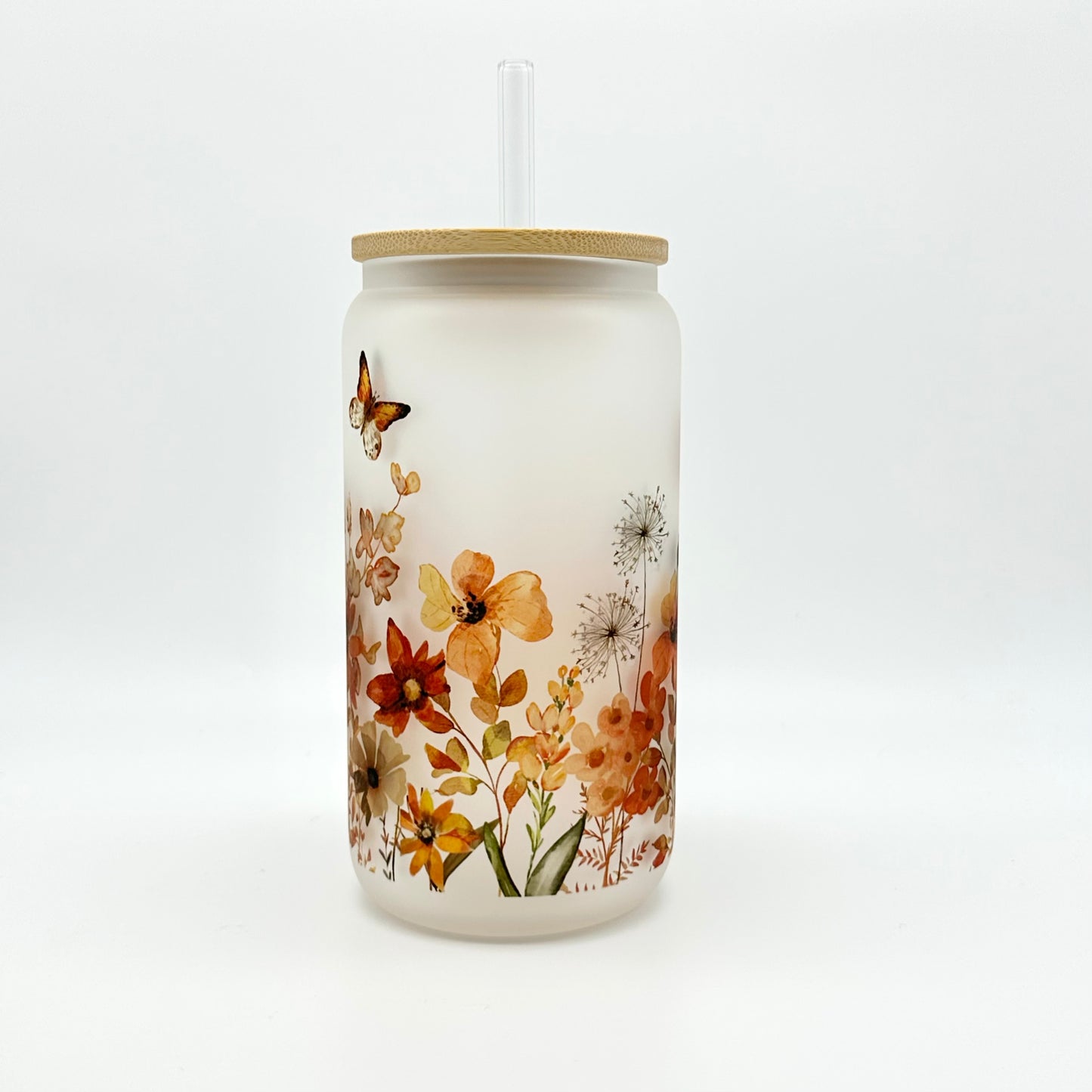 Fall Wildflower Frosted Glass Can with Bamboo Lid and Glass Straw