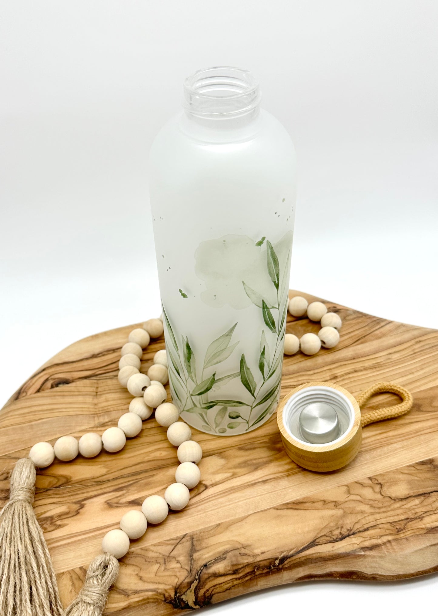 Olive Leaf Glass Water Bottle