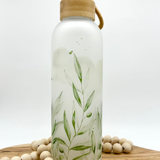 Olive Leaf Glass Water Bottle