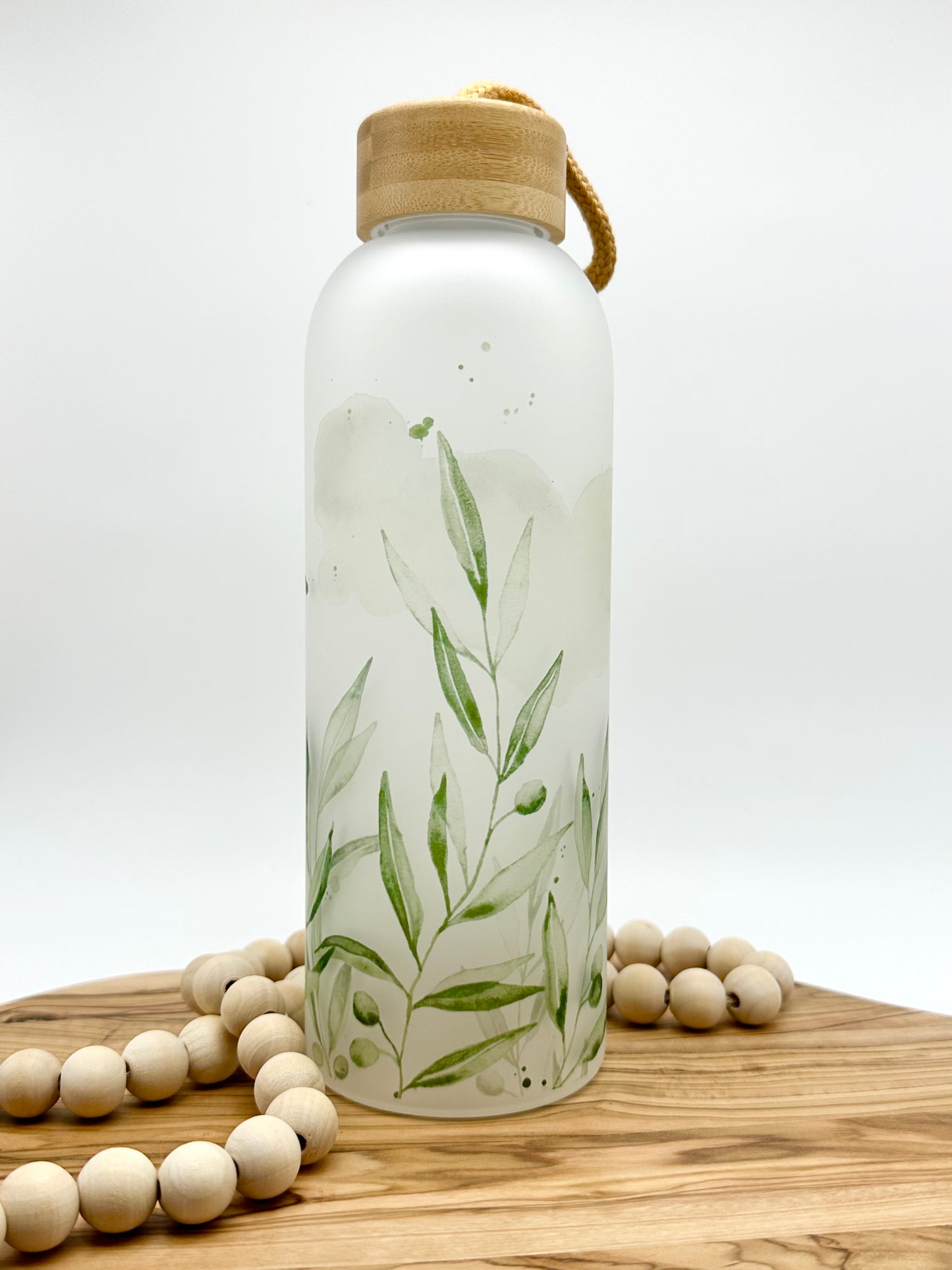 Olive Leaf Glass Water Bottle