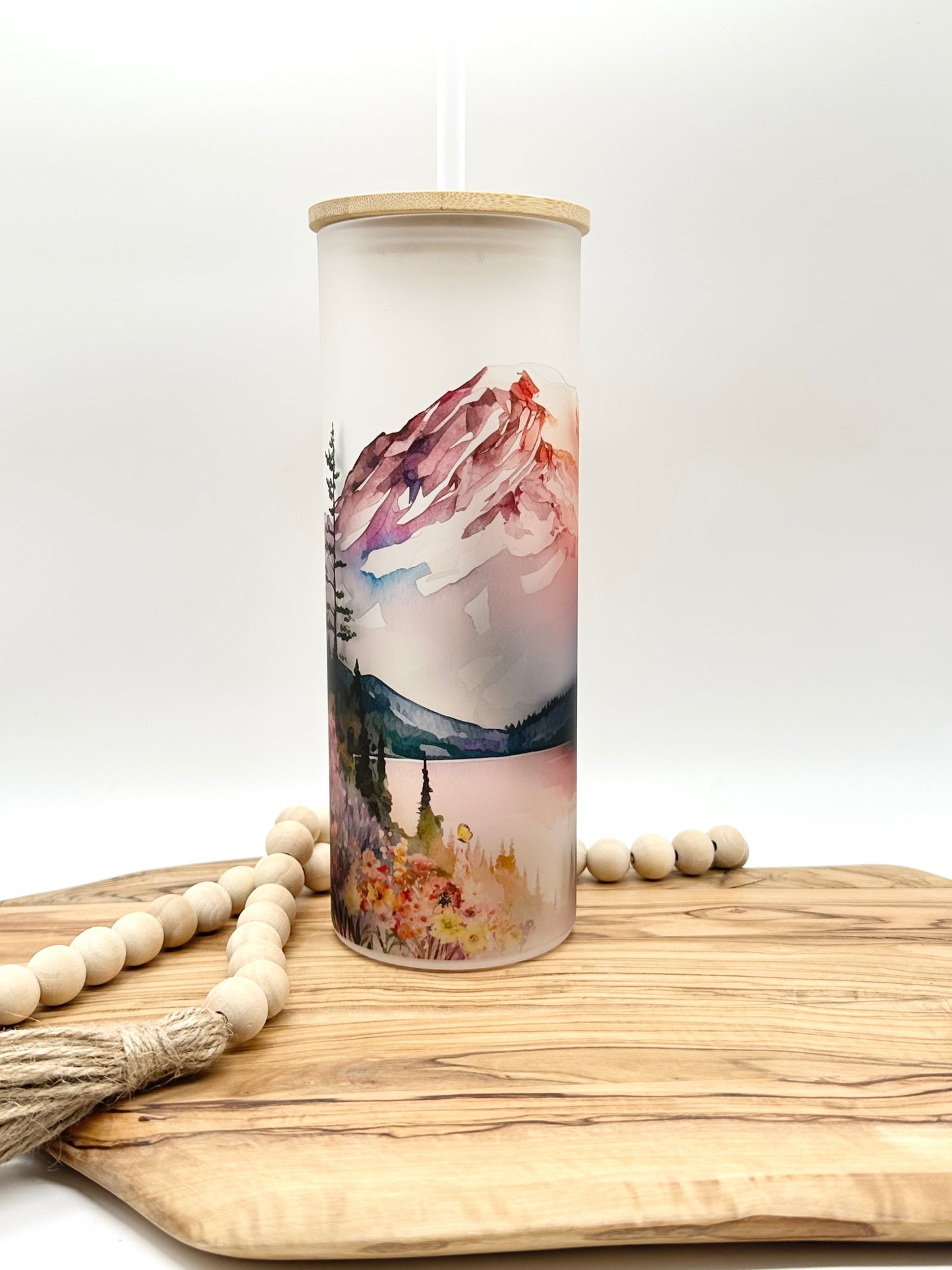 20oz Glass Tumbler with Watercolor Mountain Print