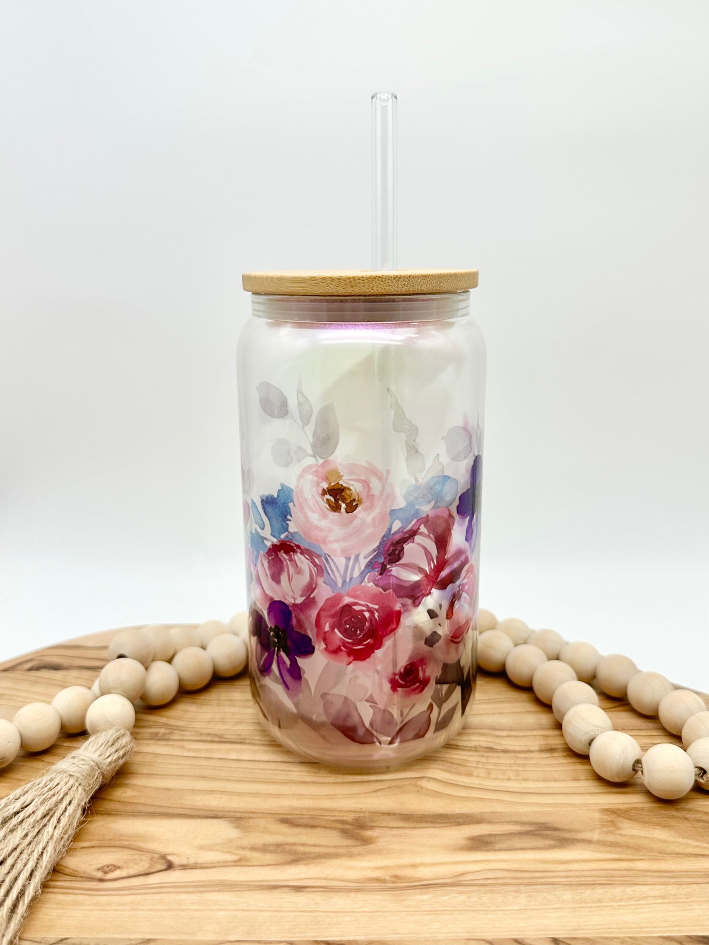 Purple Floral Shimmer Glass Tumbler