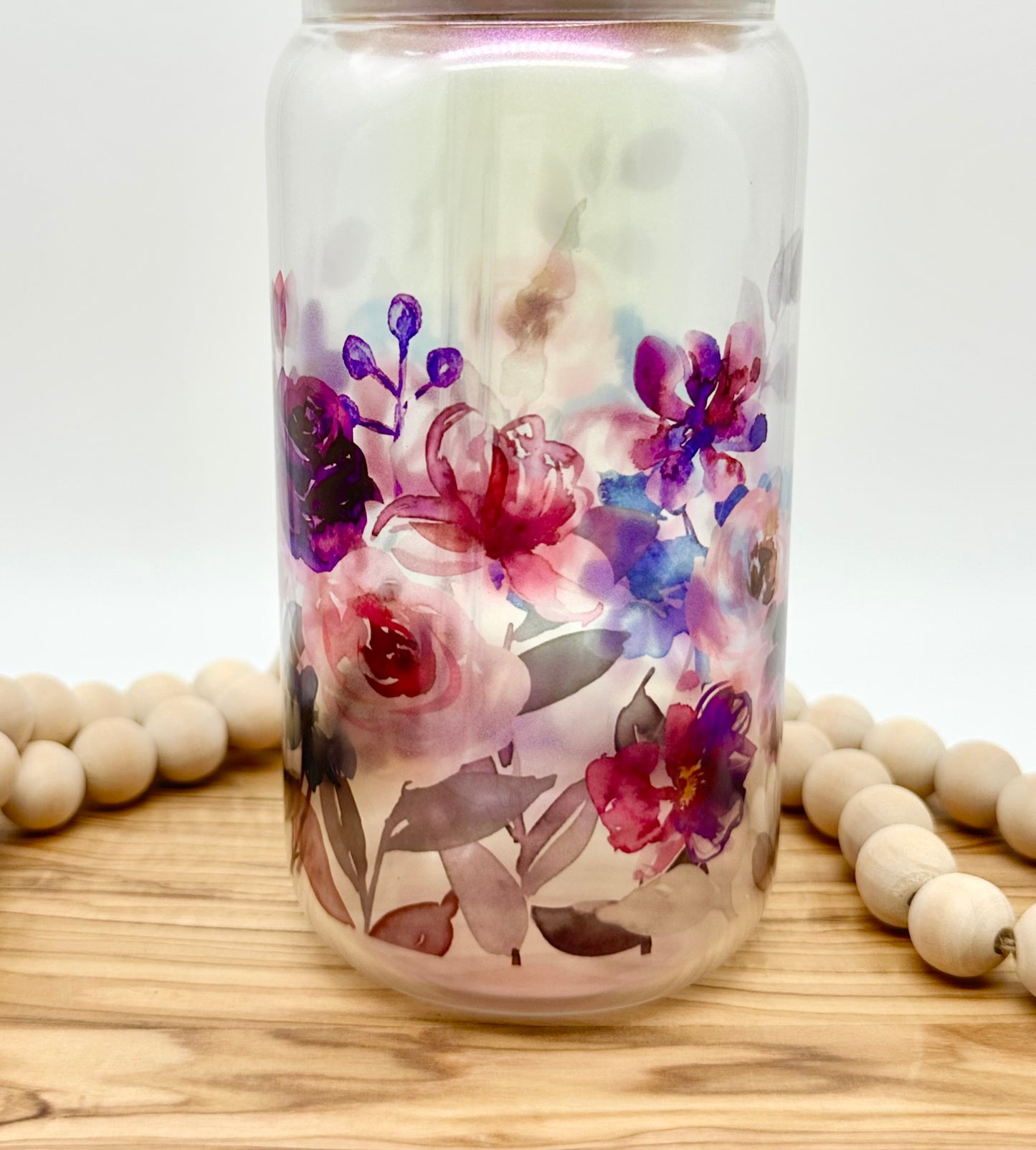 Purple Floral Shimmer Glass Tumbler