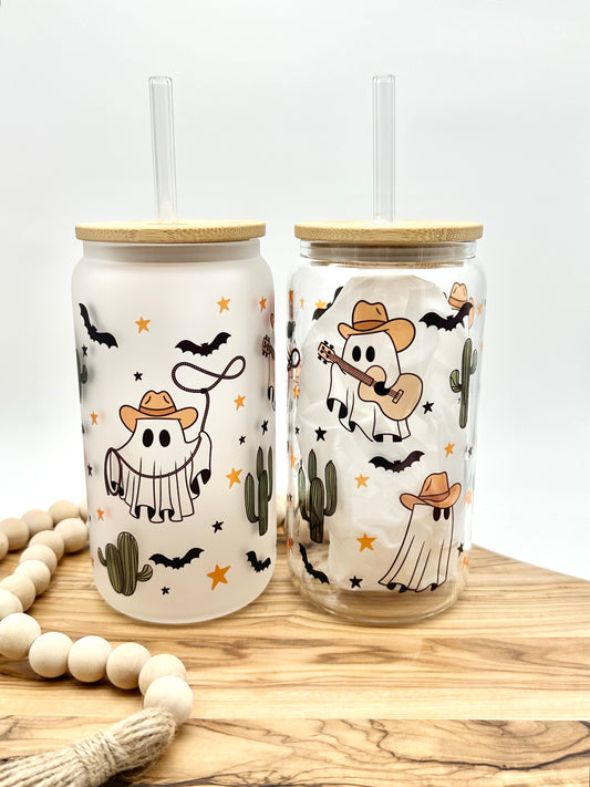 Halloween Glass Cowboy Ghost Tumbler Iced Coffee Cup