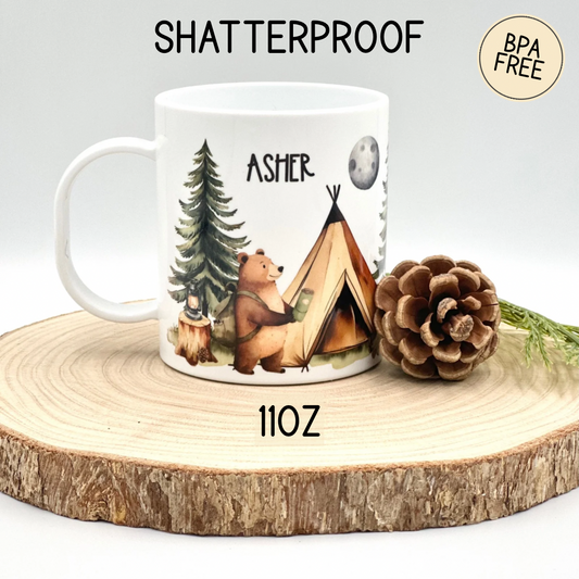 Custom Kids Camping Mug – 11oz Durable Plastic Mug with Bear and Tent Design, Personalized with Name