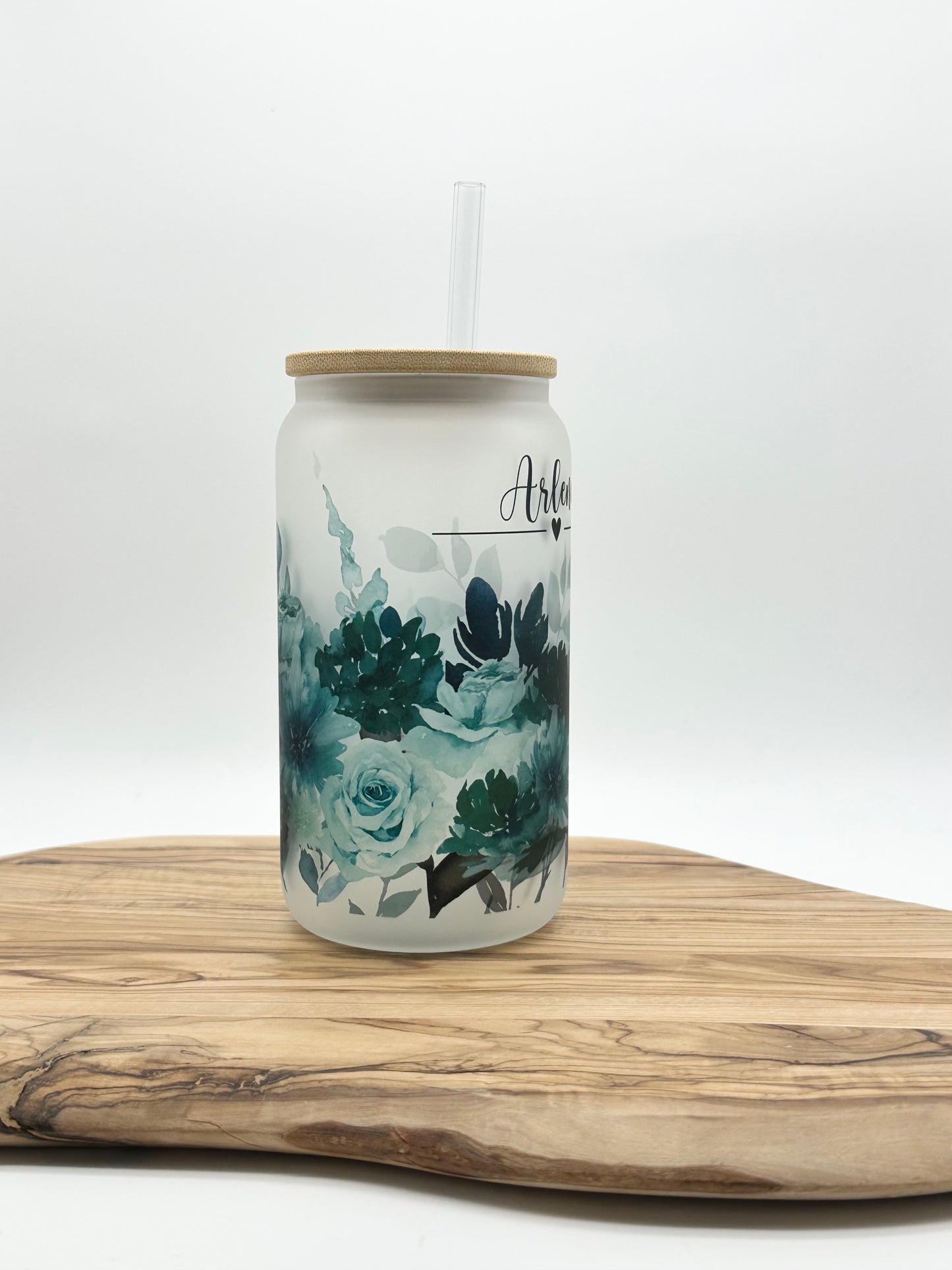 Teal Floral Glass Cup