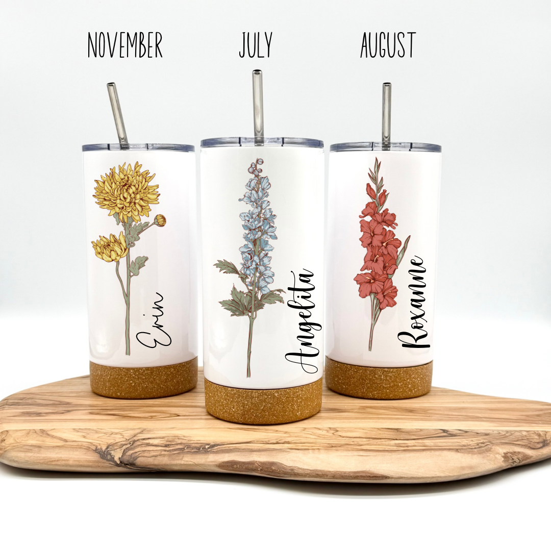 Personalized Birth Flower Tumbler- 17oz Insulated Tumbler with Cork Bottom