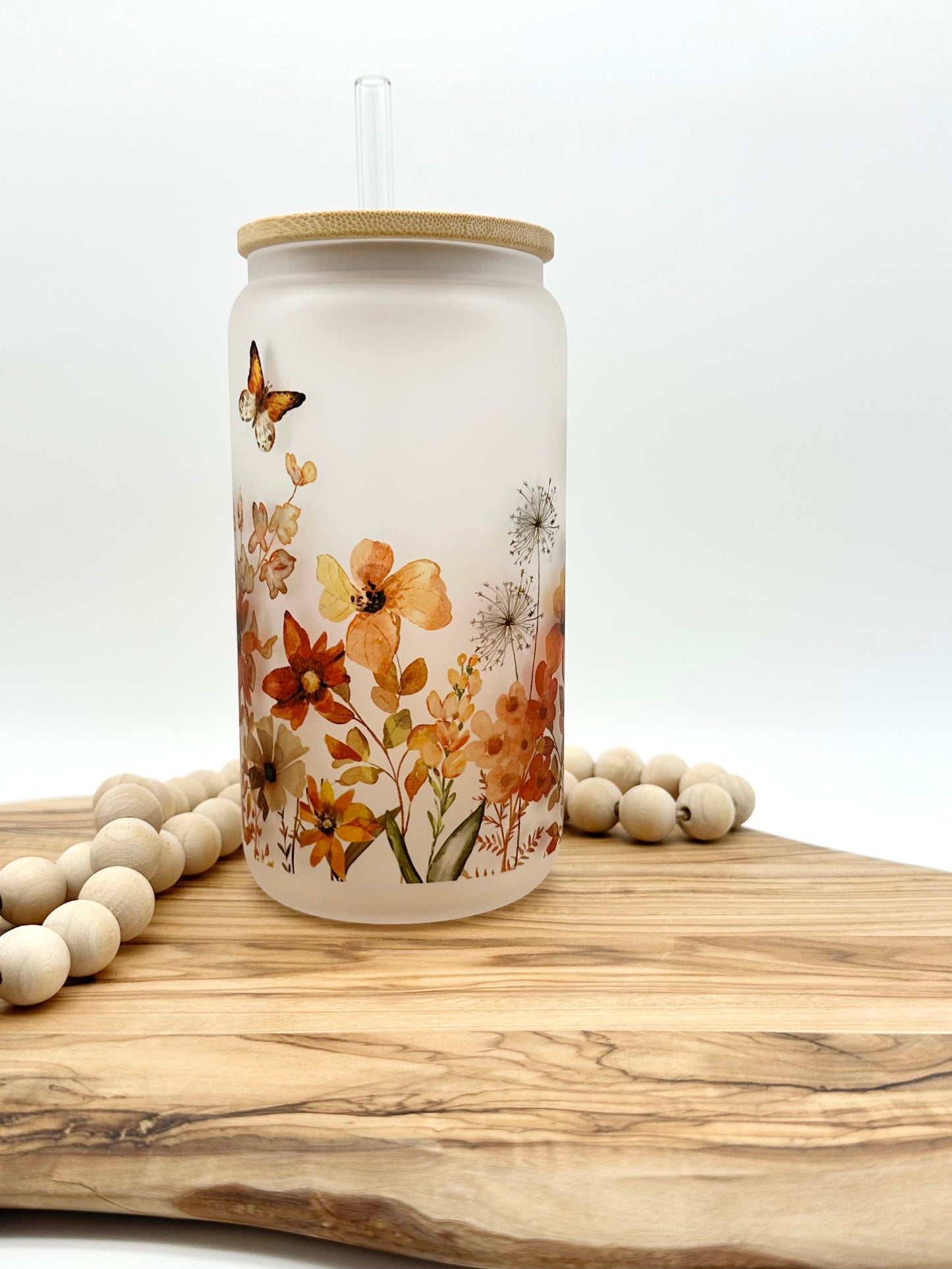 Fall Wildflower Frosted Glass Can with Bamboo Lid and Glass Straw