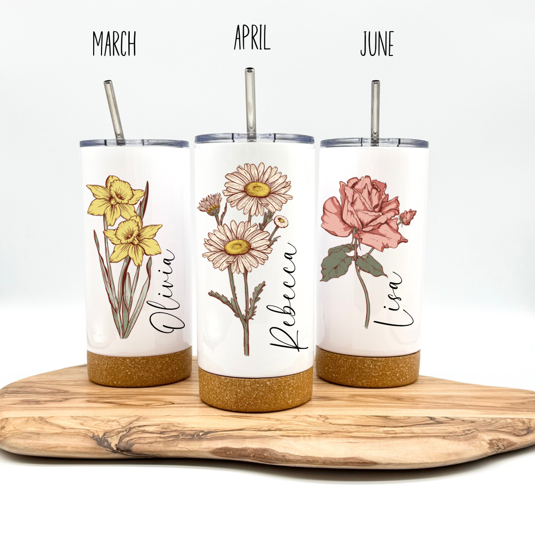 Personalized Birth Flower Tumbler- 17oz Insulated Tumbler with Cork Bottom