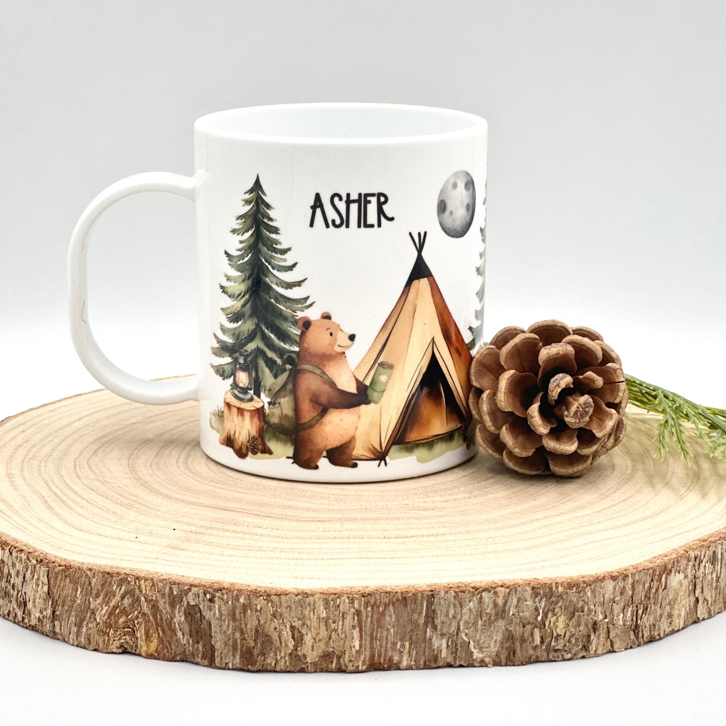 Custom Kids Camping Mug – 11oz Durable Plastic Mug with Bear and Tent Design, Personalized with Name