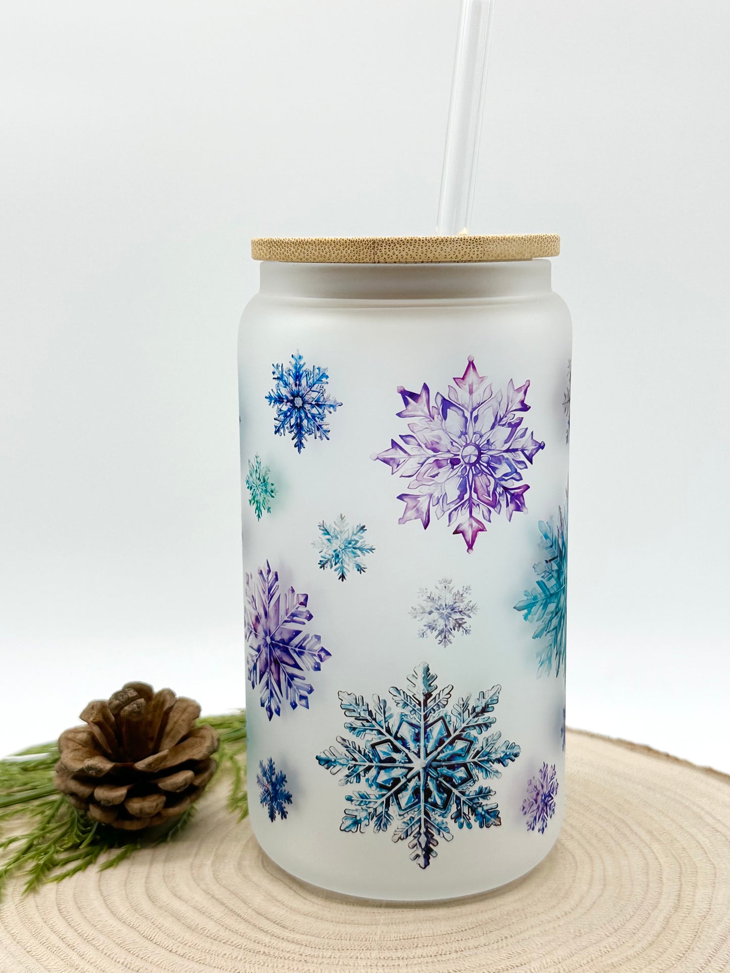 Snowflake Frosted Glass Cup with Bamboo Lid and Glass Straw