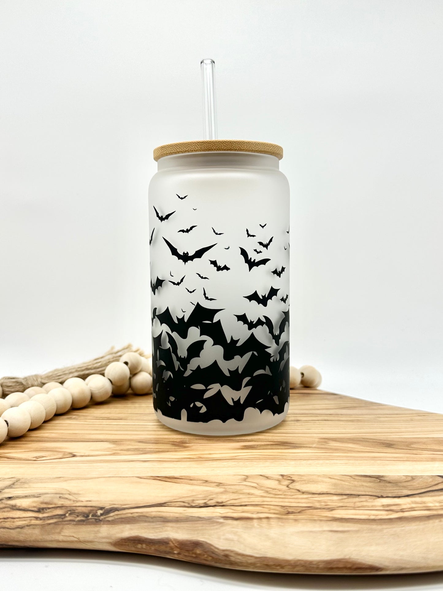 Just a Little Batty Frosted Glass Tumbler with Bamboo Lid and Glass Straw