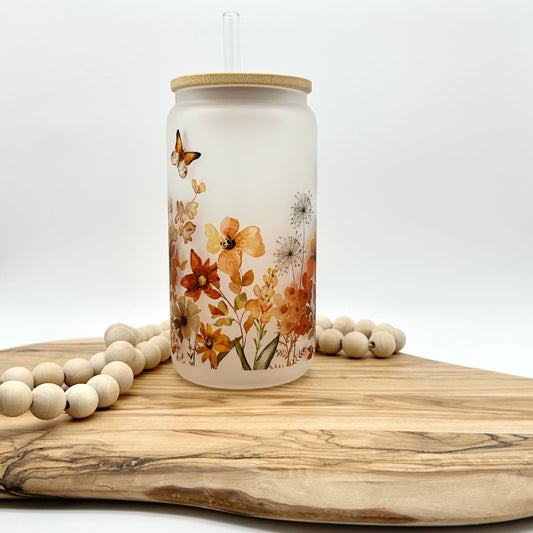 Fall Wildflower Frosted Glass Can with Bamboo Lid and Glass Straw