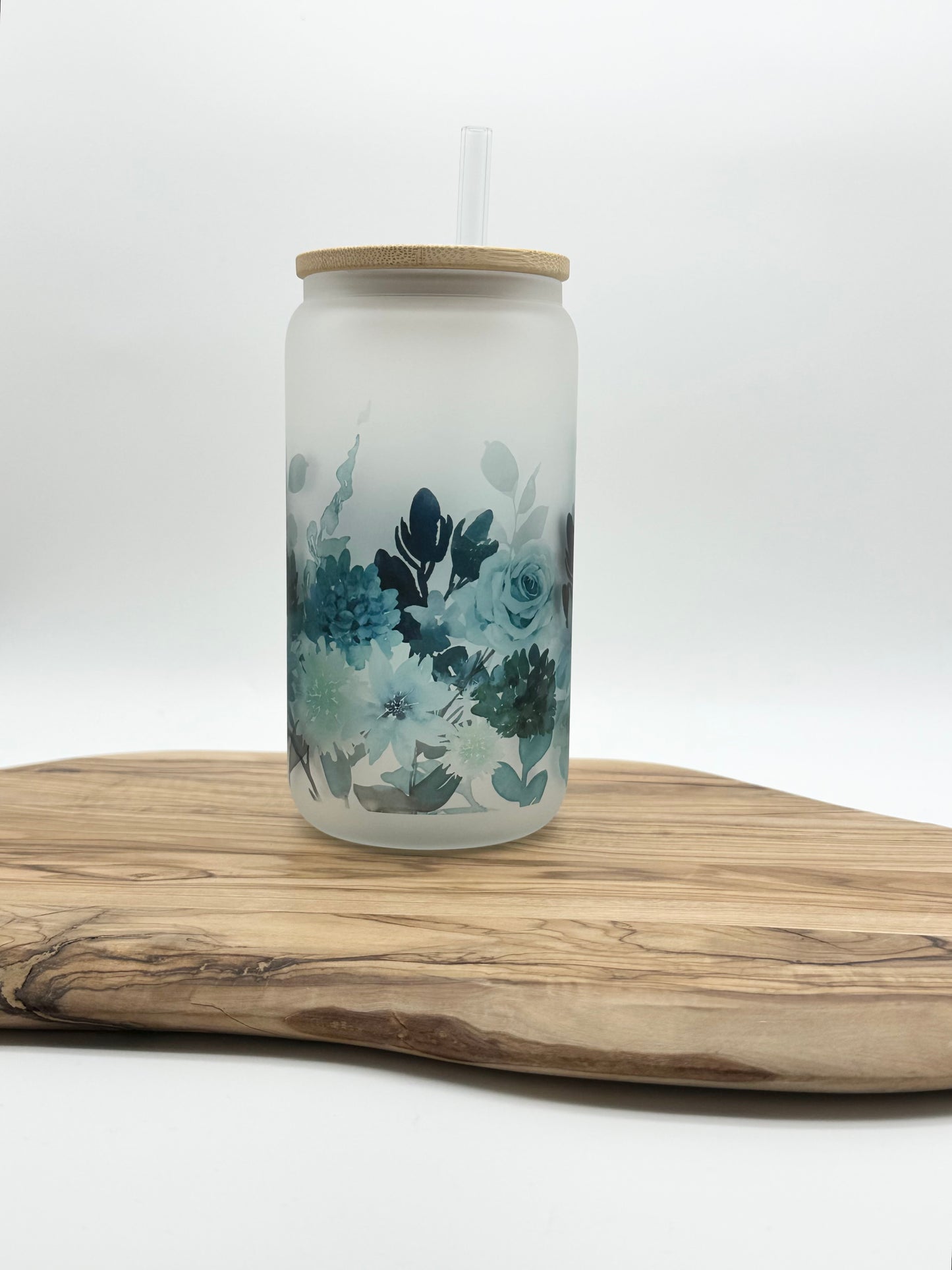 Teal Floral Glass Cup