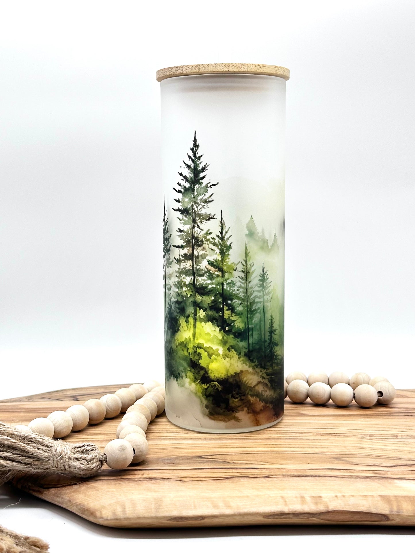 20oz Glass Tumbler with Watercolor Forest Print