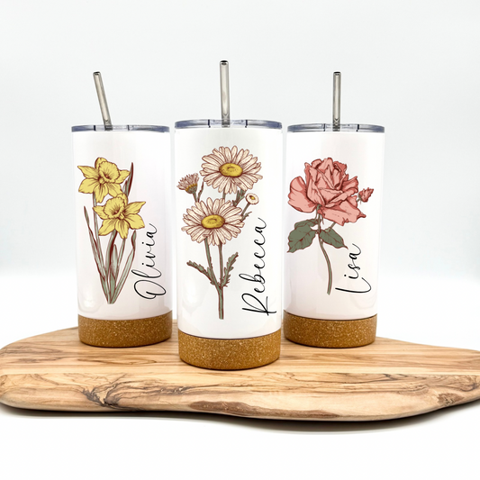 Personalized Birth Flower Tumbler- 17oz Insulated Tumbler with Cork Bottom