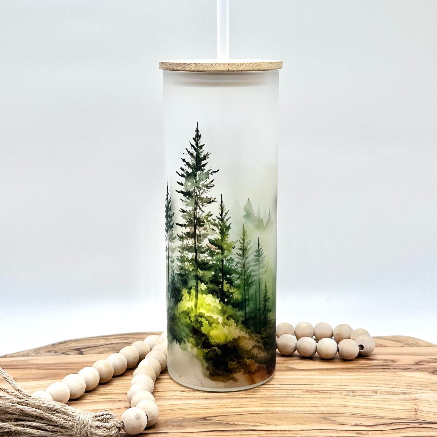 20oz Glass Tumbler with Watercolor Forest Print