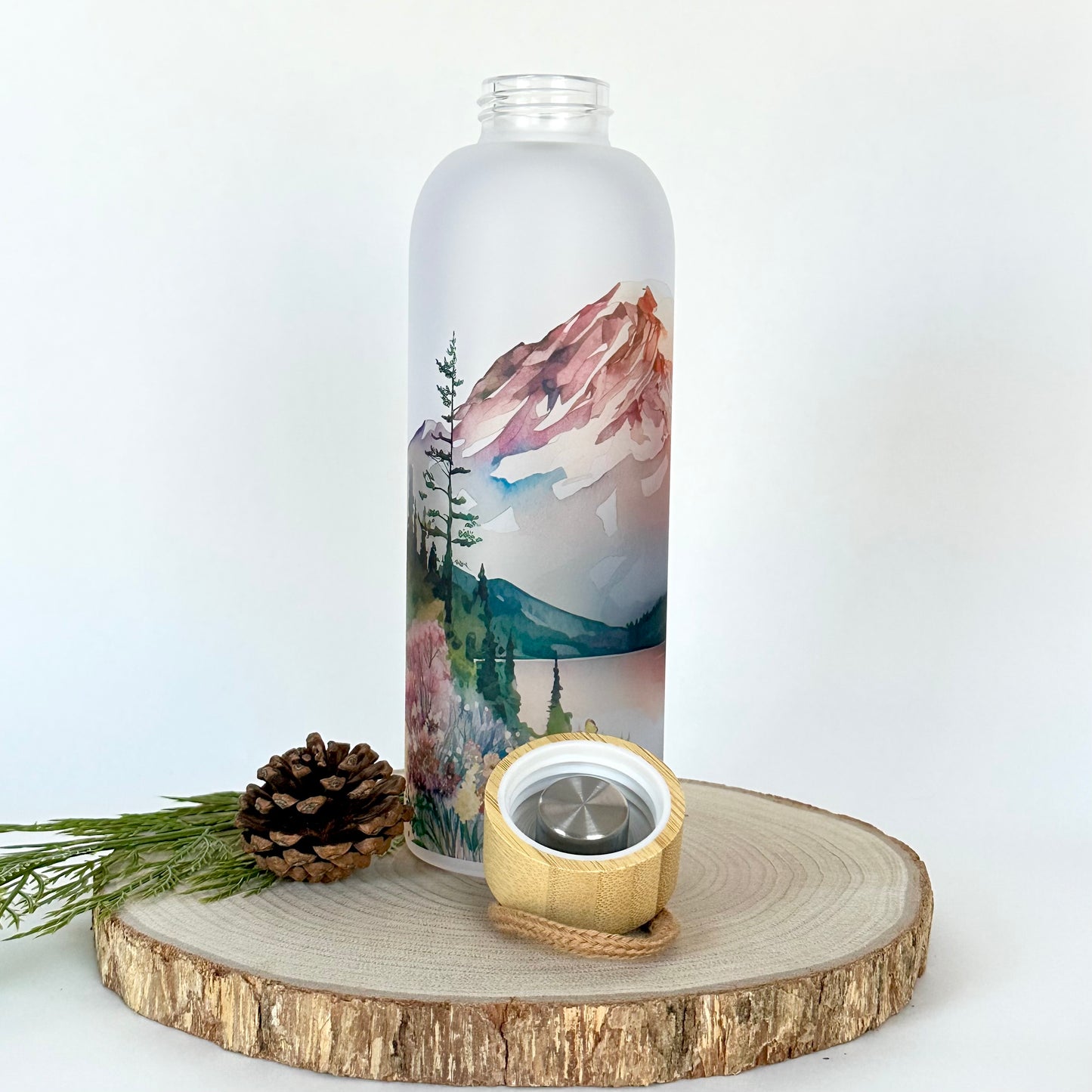 Mountain Landscape Glass Water Bottle