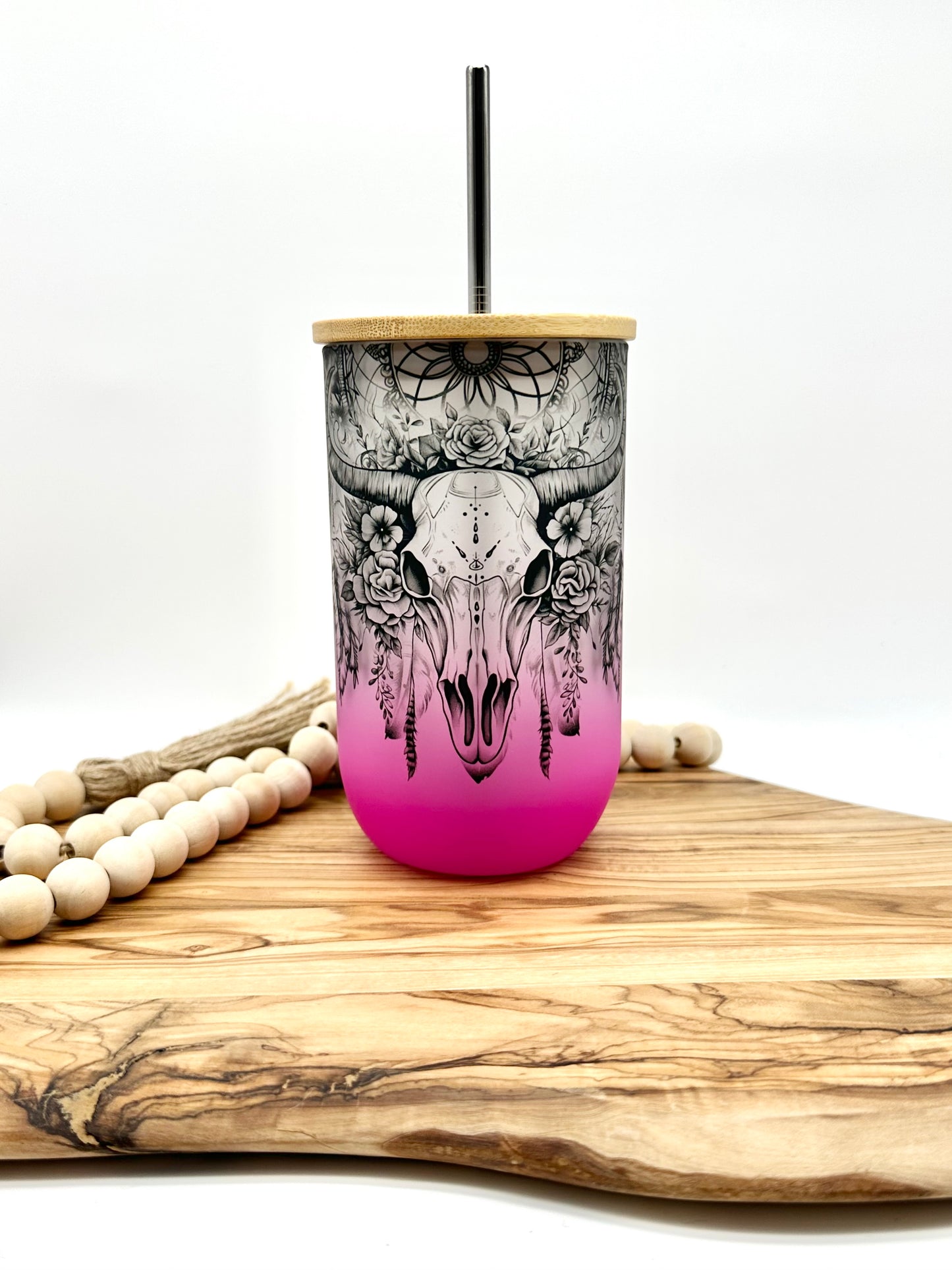 Pink Cow Skull Wine Glass Tumbler