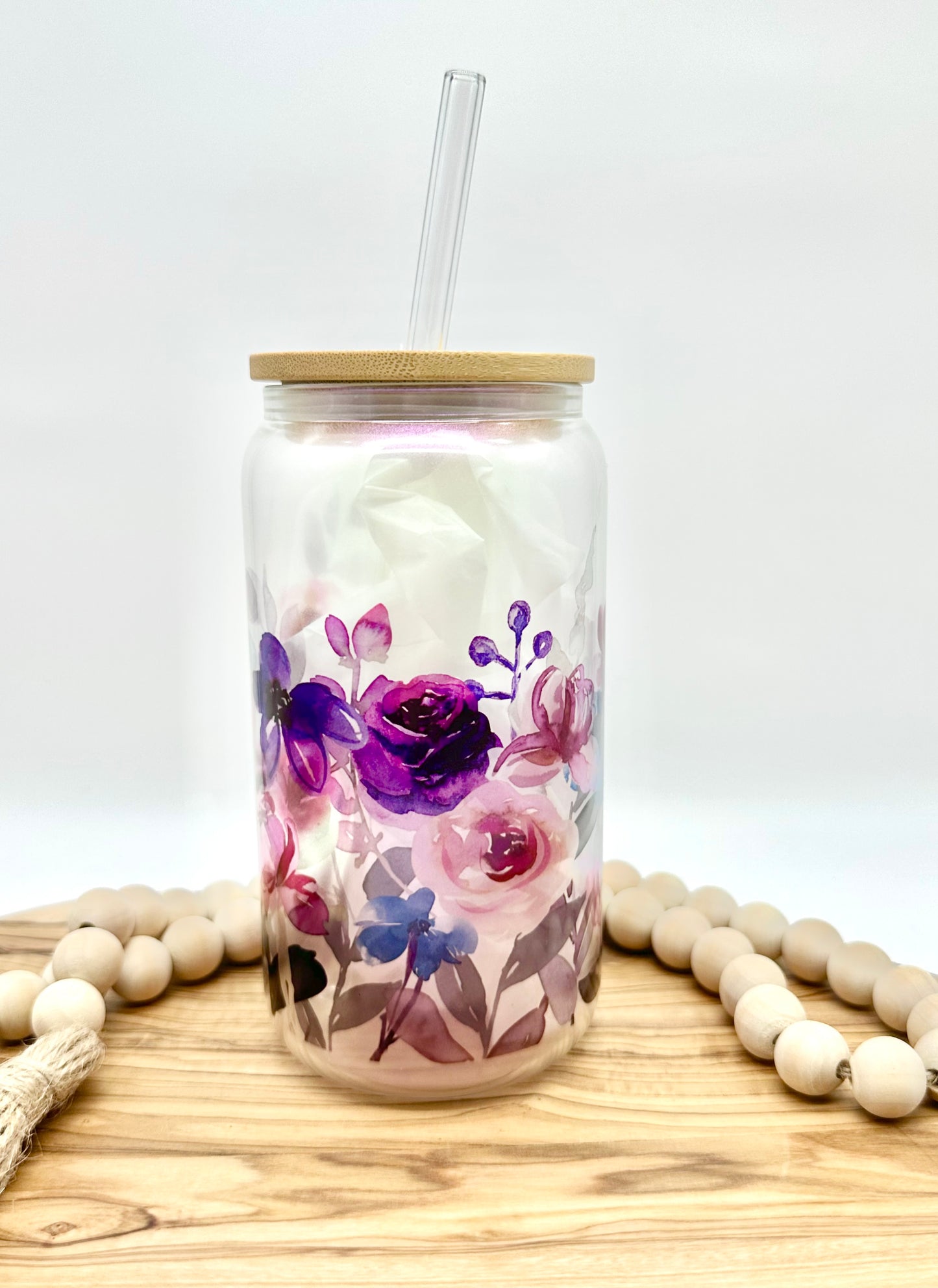 Purple Floral Shimmer Glass Tumbler